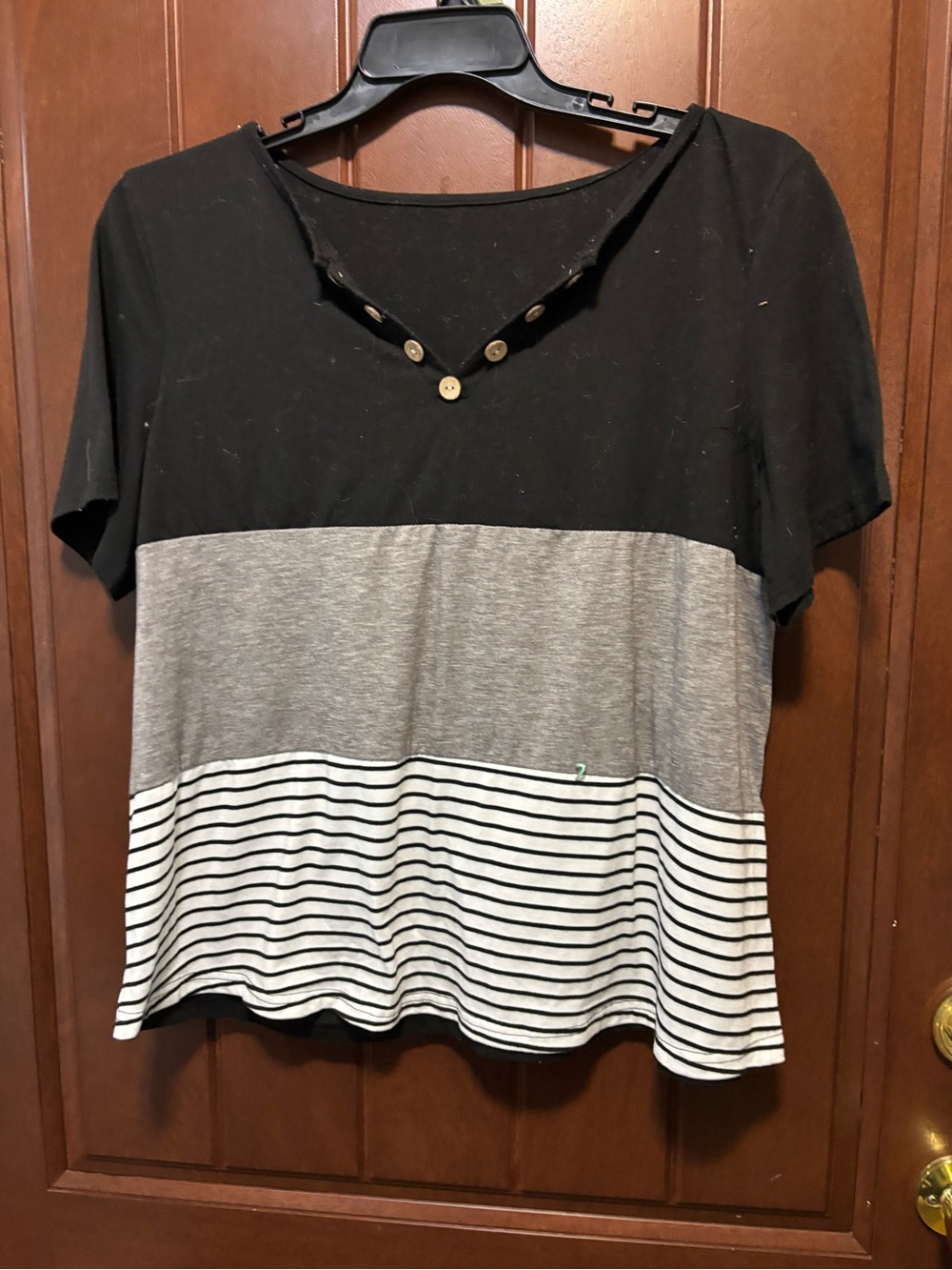 SHEIN Black, Gray & White Colorblock Short Sleeve Henley Top